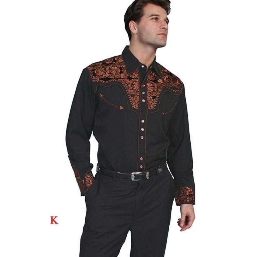 Scully Gunfighter Western Pearl Snap Shirt Black Copper Floral Mens Large Cotton